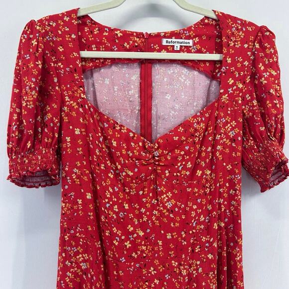 Reformation Lacey Dress Red Floral Midi Puff Sleeve Sweetheart Neck Size 10 - Picture 5 of 9